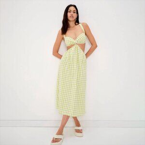 NWT For Love & Lemons‎ Maureen Midi Dress Lime Green Gingham Cutout Size Large